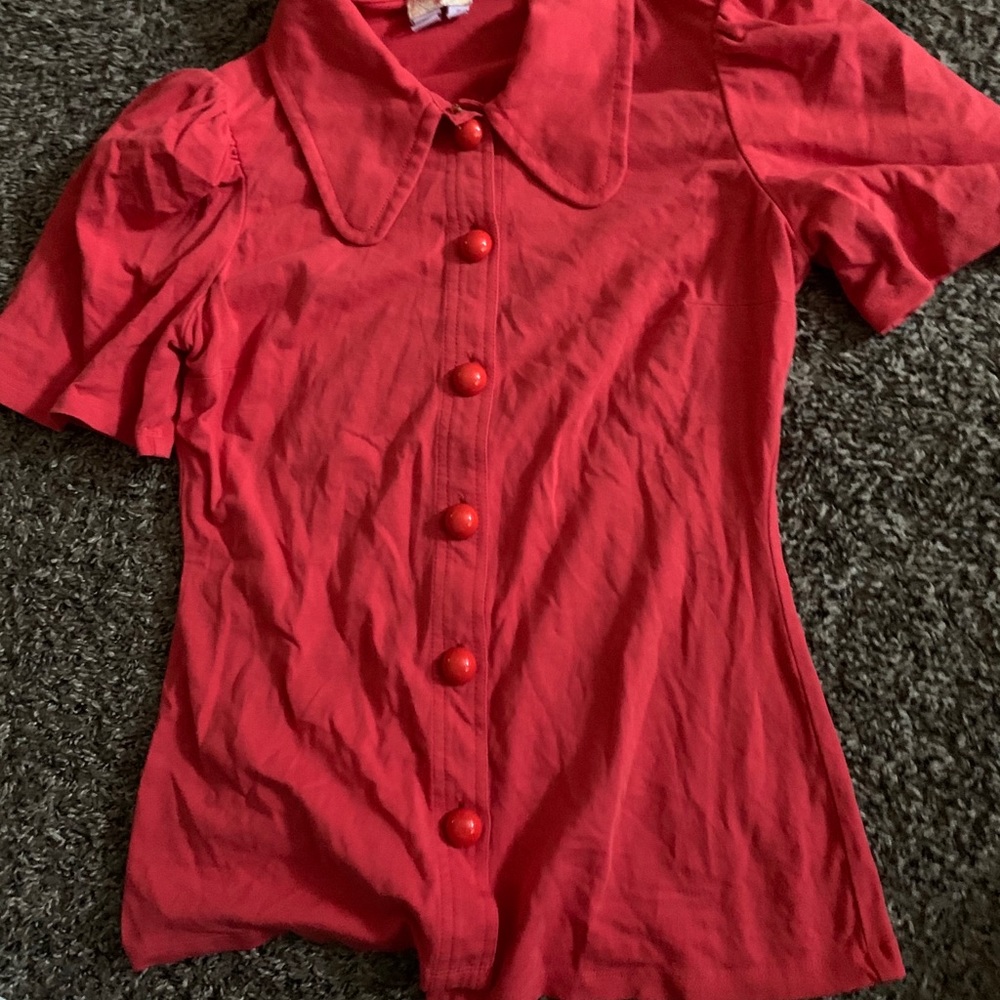 Red puff sleeve statement collar blouse